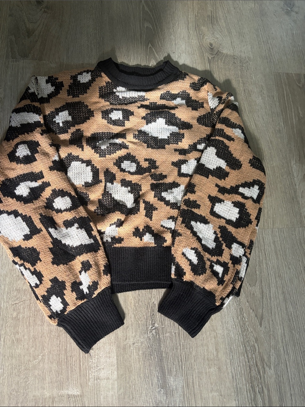 SHEIN Leopard Print Crewneck Sweater - Tan, Black, White